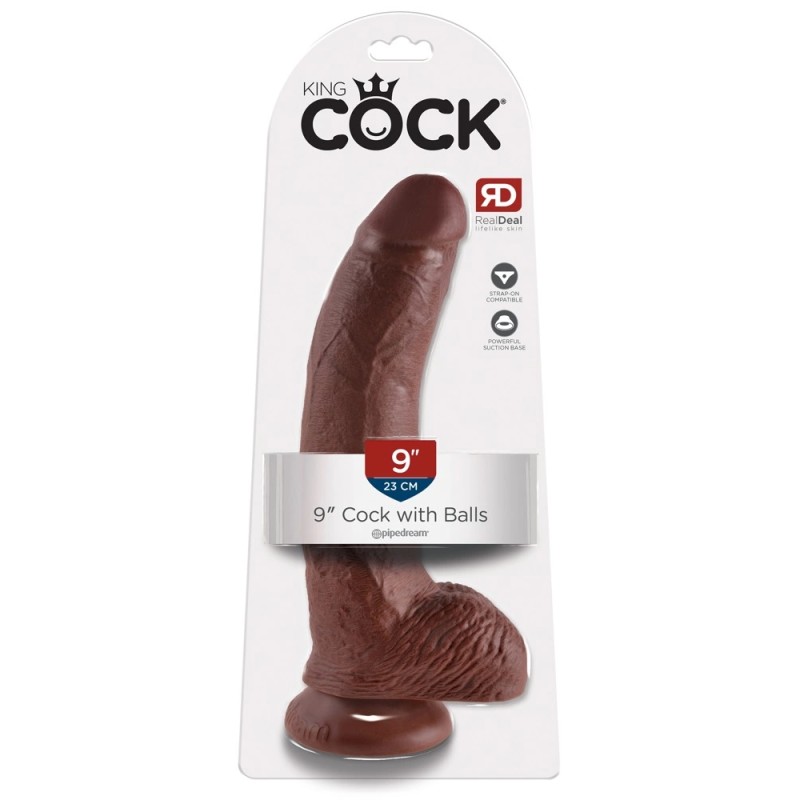 King Cock - Realistyczne Dildo Z Żołędziem Jądrami I Żyłkami 23 CM Brązowy Kolor Skóry